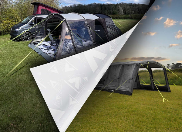 Edited image showing campervan awning and 5 man tent on campsite with khyam A logo in the split down the middle